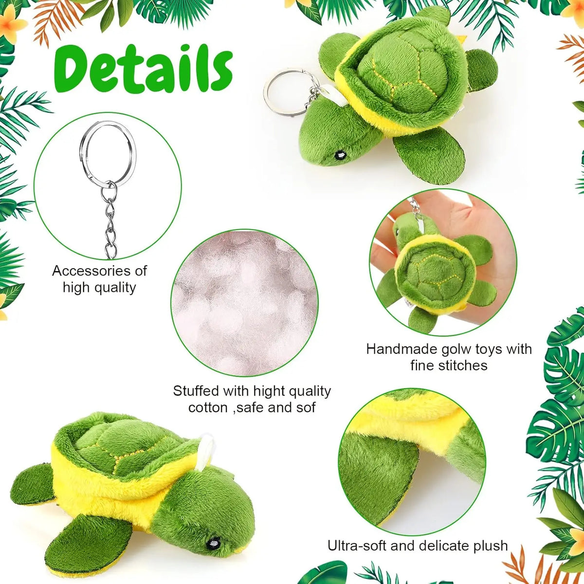 A handmade green and yellow stuffed sea turtle plush toy with a silver charm and fine stitching.