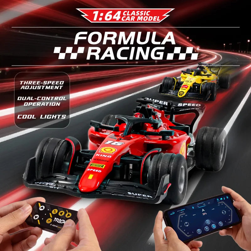 A red 1:64 formula racing model car is shown with a remote control, an accompanying smartphone app, and cool lights.