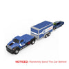 A blue diecast container truck and trailer are shown side by side.