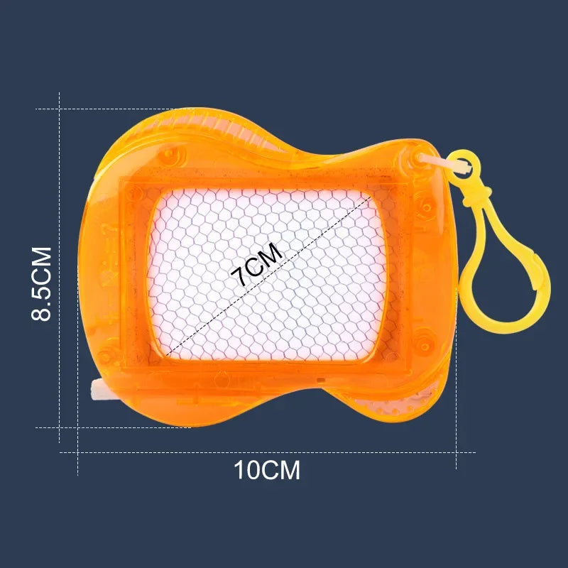 An orange mini magnetic drawing board keychain with a stylus, showing its dimensions.