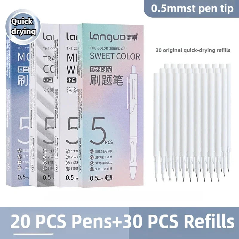 A set of 20 pens and 30 refills for a 9-color quick-drying gel pen set with smooth 0.5mm tips.