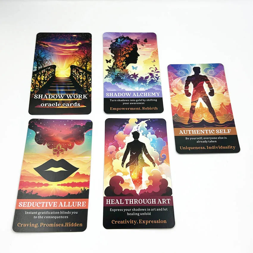 A collection of six tarot-style oracle cards featuring themes like Shadow Work, Alchemy, Self, and Healing.