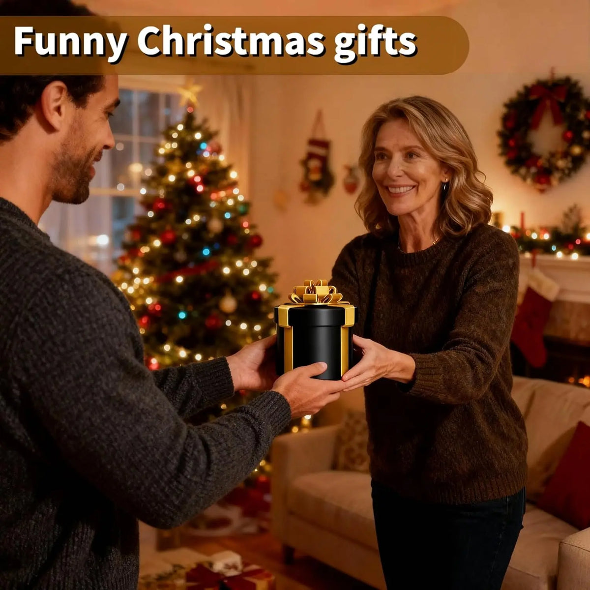 A woman is giving a black nested screw gift box to a man in a living room setting.