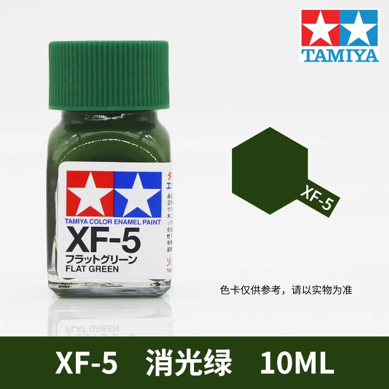 Tamiya XF-5 Flat Green model paint in a glass bottle labeled for acrylic enamel paint
