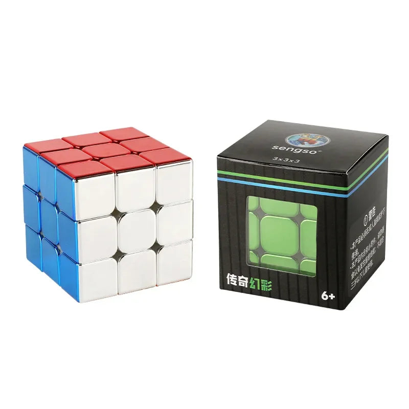 A black box of a Sengso 3x3 magnetic speed cube with green stickers.