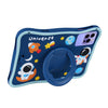 A blue silicone case for a tablet featuring a space theme with various planets and astronauts.