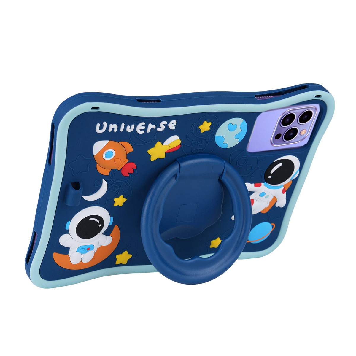 A blue silicone case for a tablet featuring a space theme with various planets and astronauts.