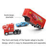 Red diecast toy hauler truck with a buckle design and detachable body part.