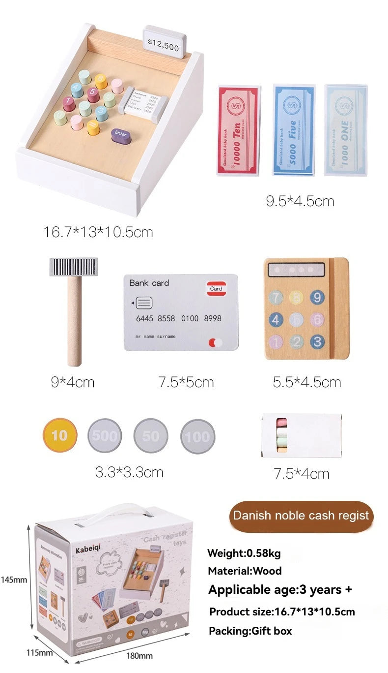 Wooden pretend play supermarket checkout counter with cash register and bank cards