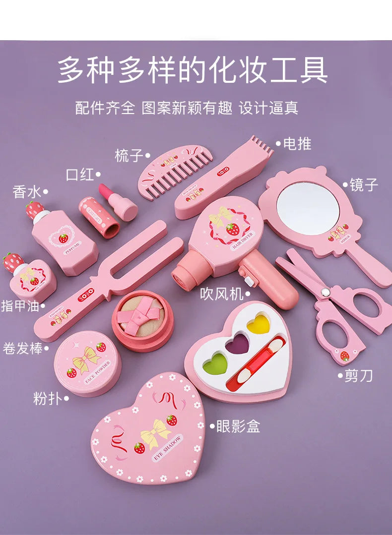 Wooden Pretend Play Makeup Set with Dressing Table & Makeup Bag