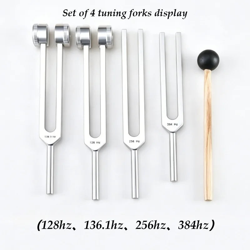 Set of four tuning forks displaying different frequencies: 128Hz, 136.1Hz, 256Hz, and 384Hz.