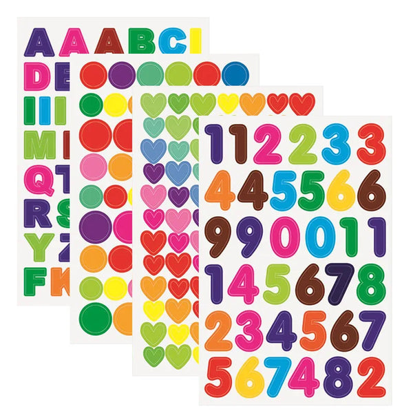 A collection of colorful alphabet and number dot photo stickers for kids