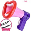 A pink megaphone toy with a red handle and purple body, shown next to a hanging rope.