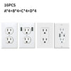 A set of 16 wall outlet stickers labeled A through D for realistic prank purposes.