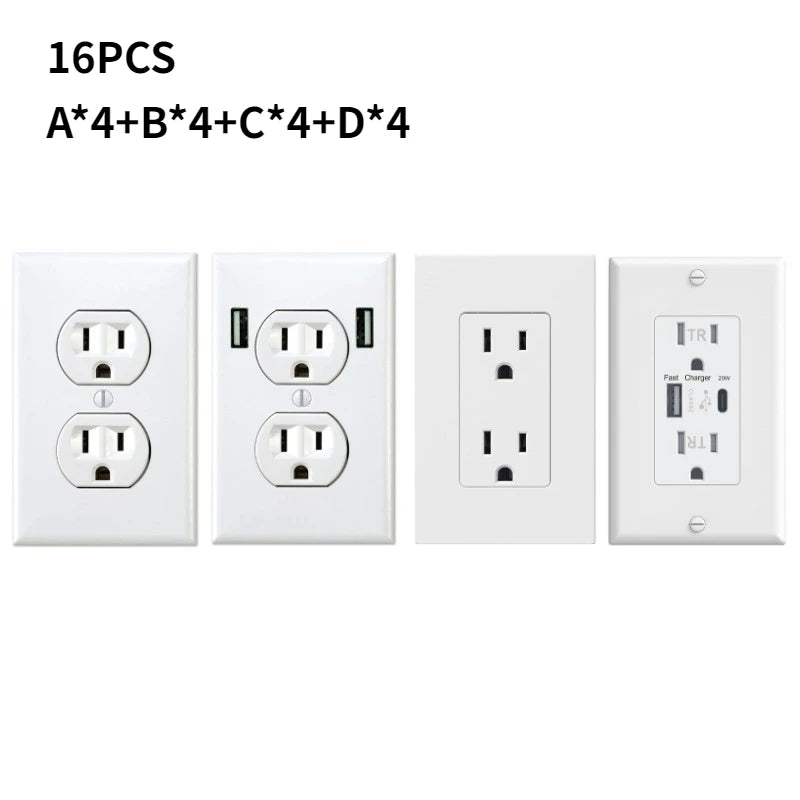 A set of 16 wall outlet stickers labeled A through D for realistic prank purposes.