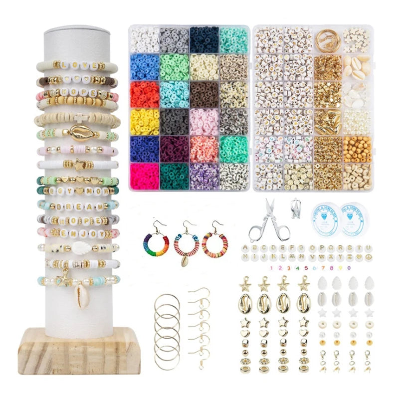 A collection of polymer clay beads and findings for DIY jewelry making, including various colors and shapes.
