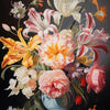 A vibrant floral painting features roses, sunflowers, and peonies in soft pinks, oranges, and whites.