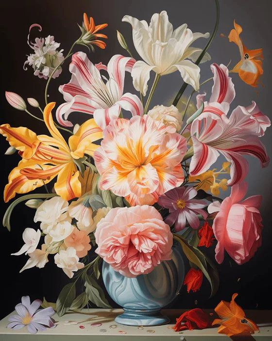 A vibrant floral painting features roses, sunflowers, and peonies in soft pinks, oranges, and whites.