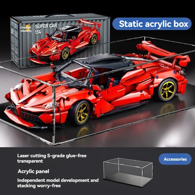 A red Super Car model built from acrylic blocks displayed on a glass surface.