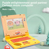 A colorful toddler learning laptop toy featuring a screen, keyboard, and various buttons for music and lighting.