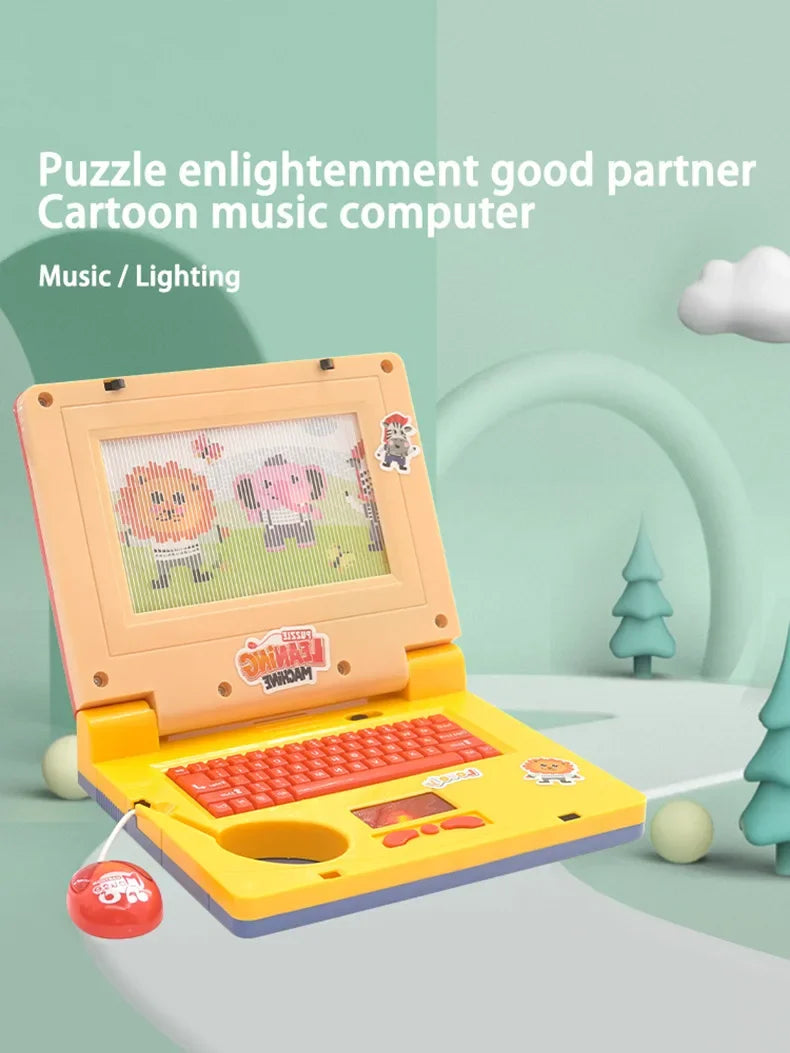 A colorful toddler learning laptop toy featuring a screen, keyboard, and various buttons for music and lighting.