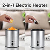 A silver electric heater is shown next to wax melts and essential oils, demonstrating its use for heating.