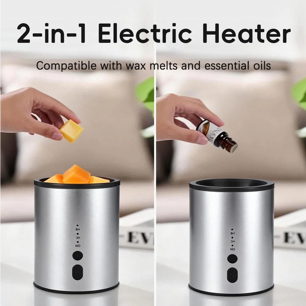 A silver electric heater is shown next to wax melts and essential oils, demonstrating its use for heating.