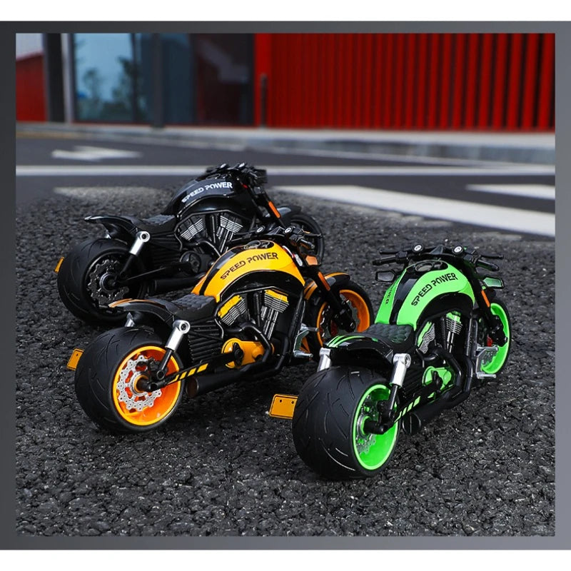 A vintage die-cast motorcycle model in black and neon green colors parked on asphalt.