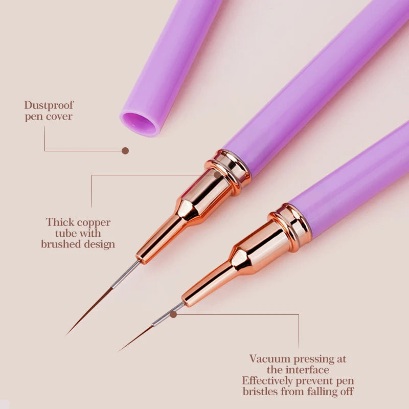 A set of purple pen covers and precision nail art liner brushes with a brushed design and vacuum pressing feature.
