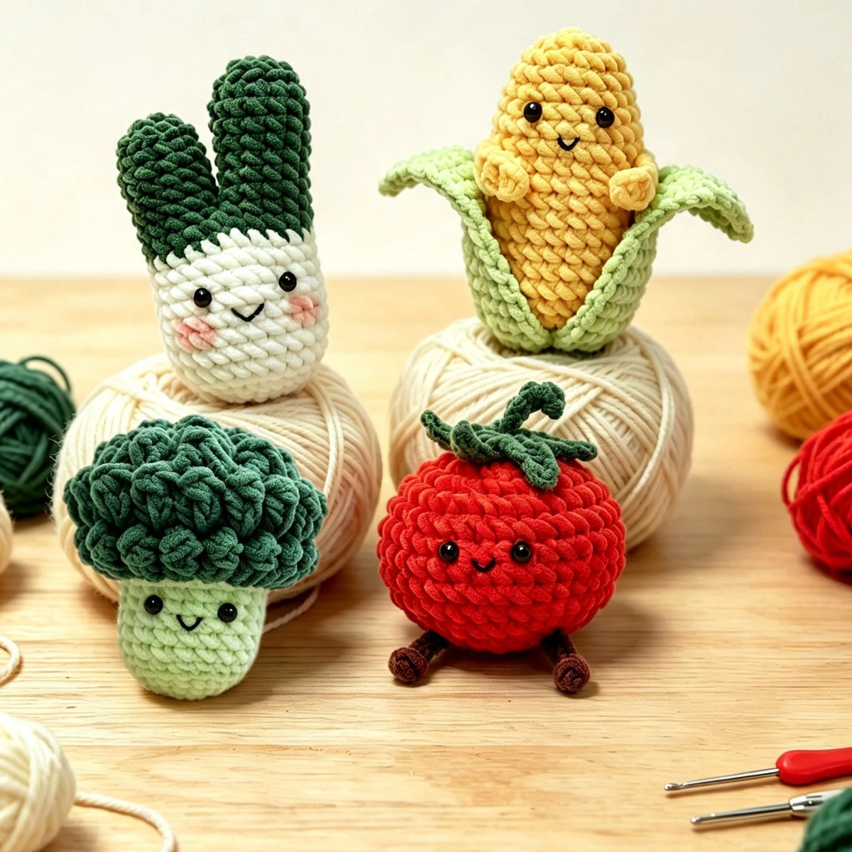 A starter set of seven crochet animals including a broccoli, corn, and strawberry in various yarn colors.