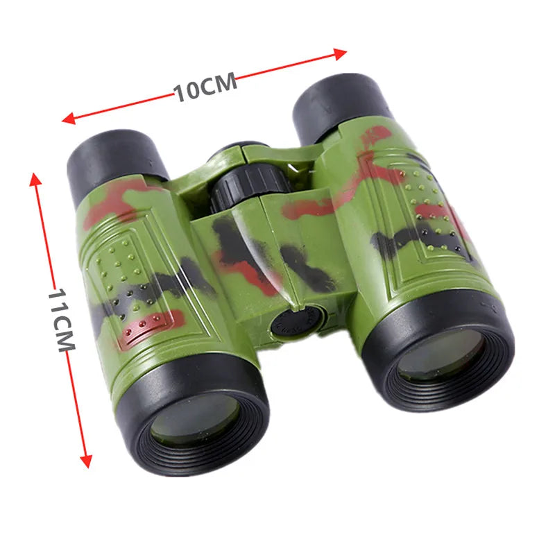 A green and camouflage-patterned toy camera set with accessories, showing its size.