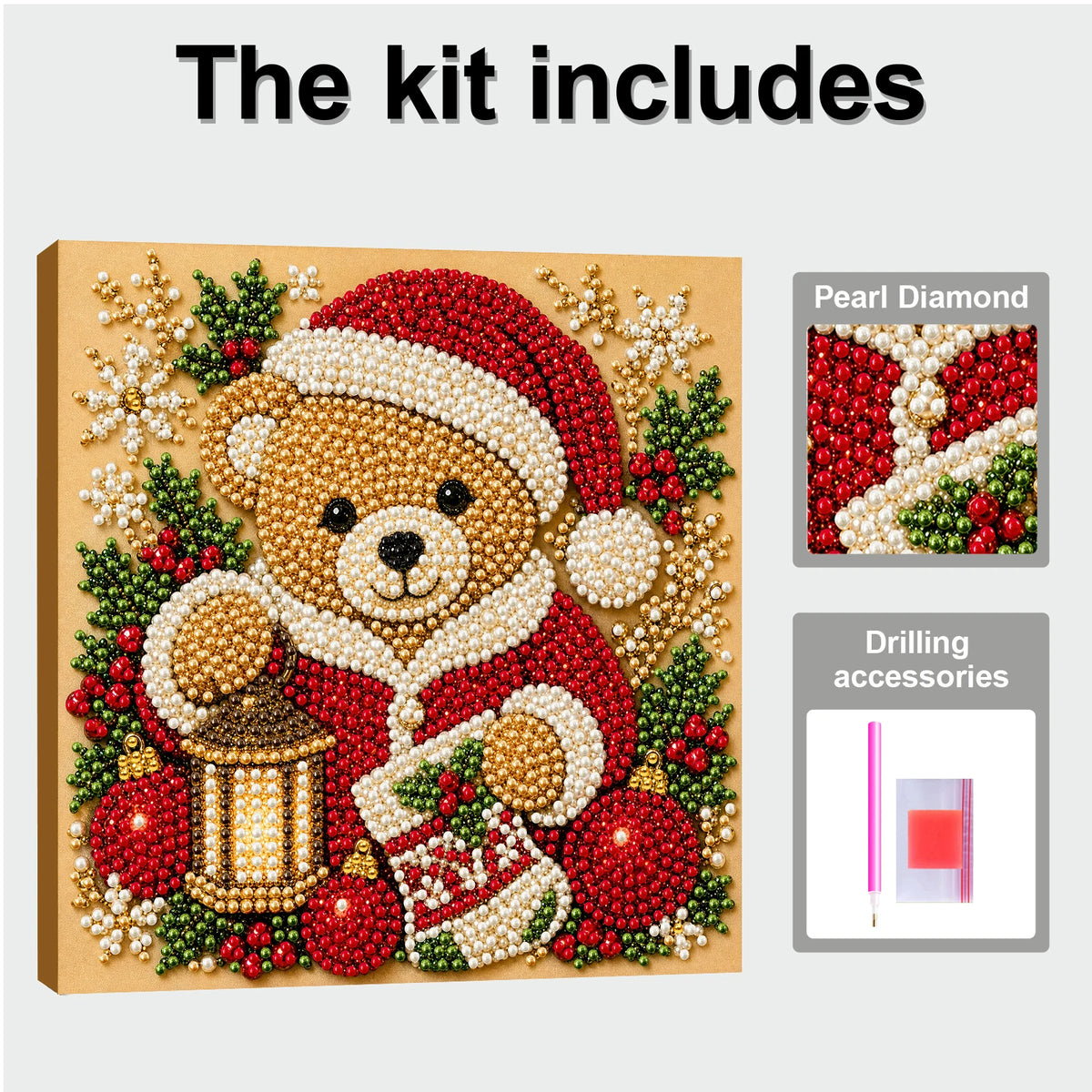 A Christmas themed pearl diamond painting kit featuring a teddy bear in a Santa suit surrounded by red and green gems.