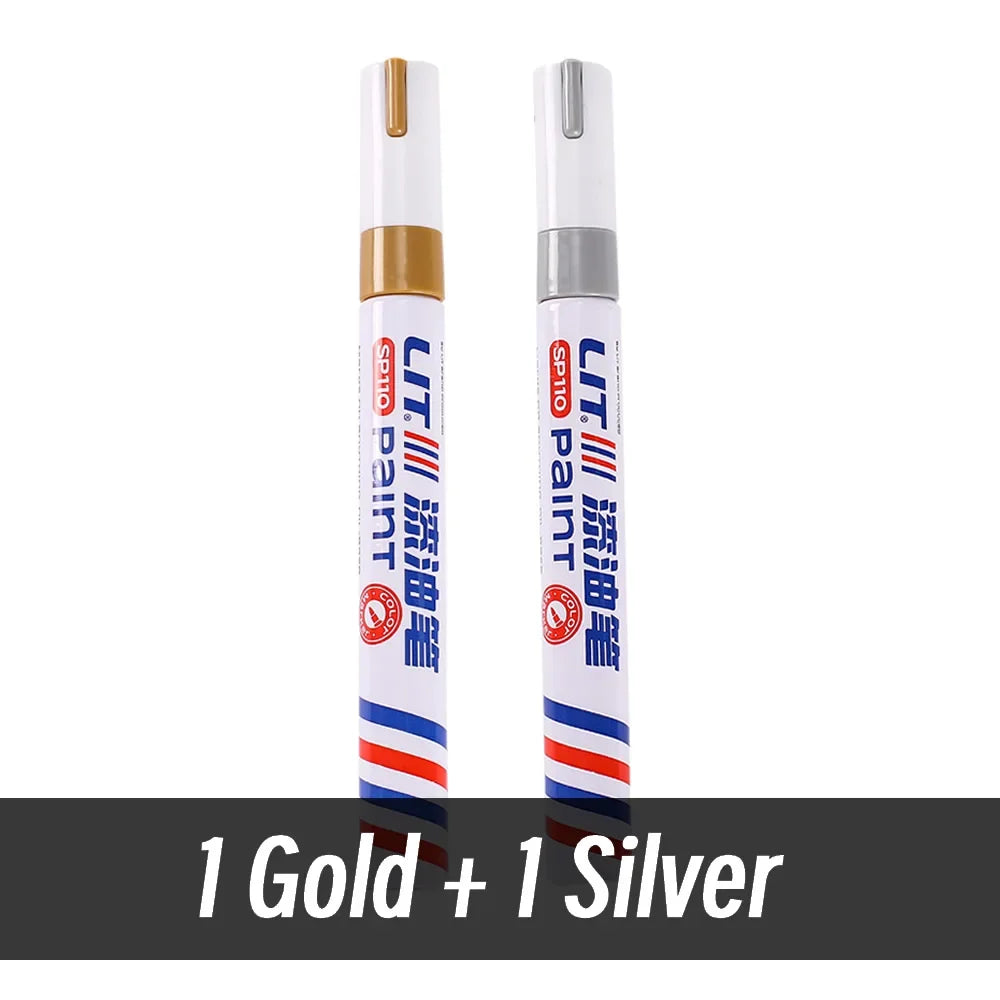 Two permanent paint markers, one gold and one silver, are shown side by side.