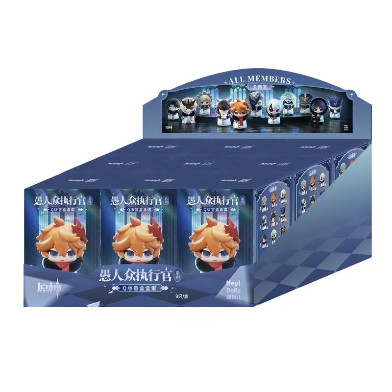 A box of Genshin Impact Fatui Harbingers Chibi Blind Box figurines displayed in a window.