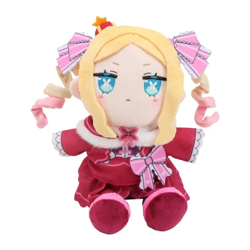 A plush toy of the Re:Zero character Beatrice with blonde hair, pink accents, and a red outfit.