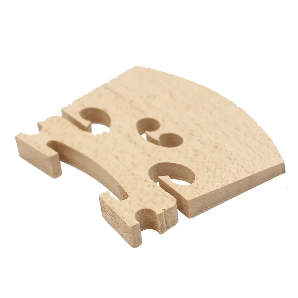 A light wood violin bridge for a 4/4 to 1/8 size instrument.