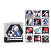 A set of black and white sports-themed cloth books featuring various sports like football, baseball, golf, and tennis.