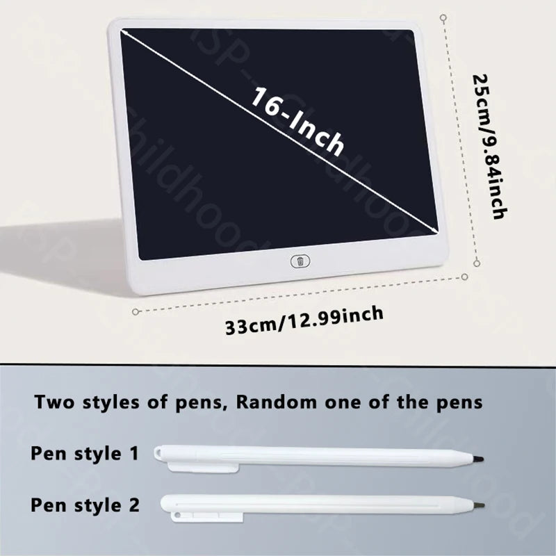A white 16-inch LCD writing tablet is shown with two styles of pens for drawing and writing.