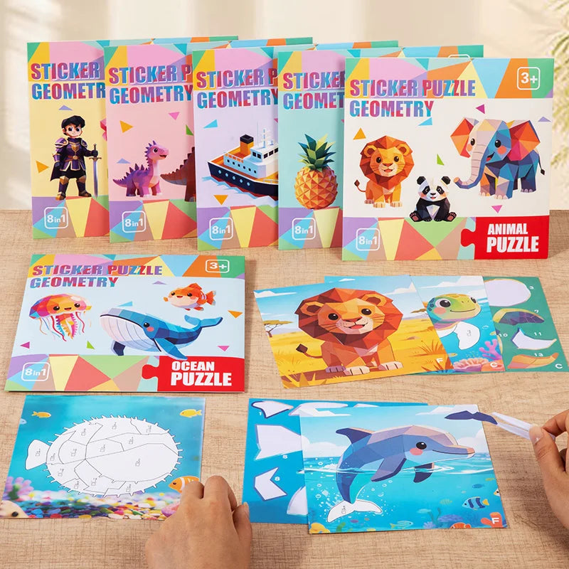 A collection of sticker puzzle kits featuring dinosaur and animal designs in various colors and shapes.