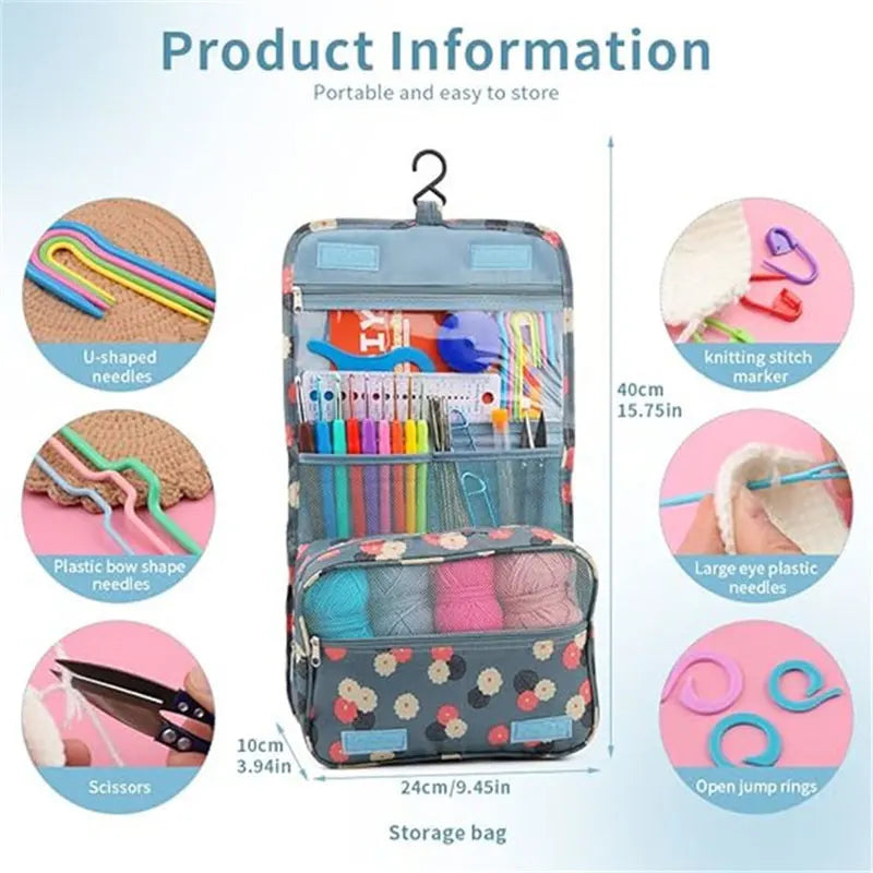 A portable storage bag containing a complete crochet kit with yarn, hooks, and accessories like needles and scissors.