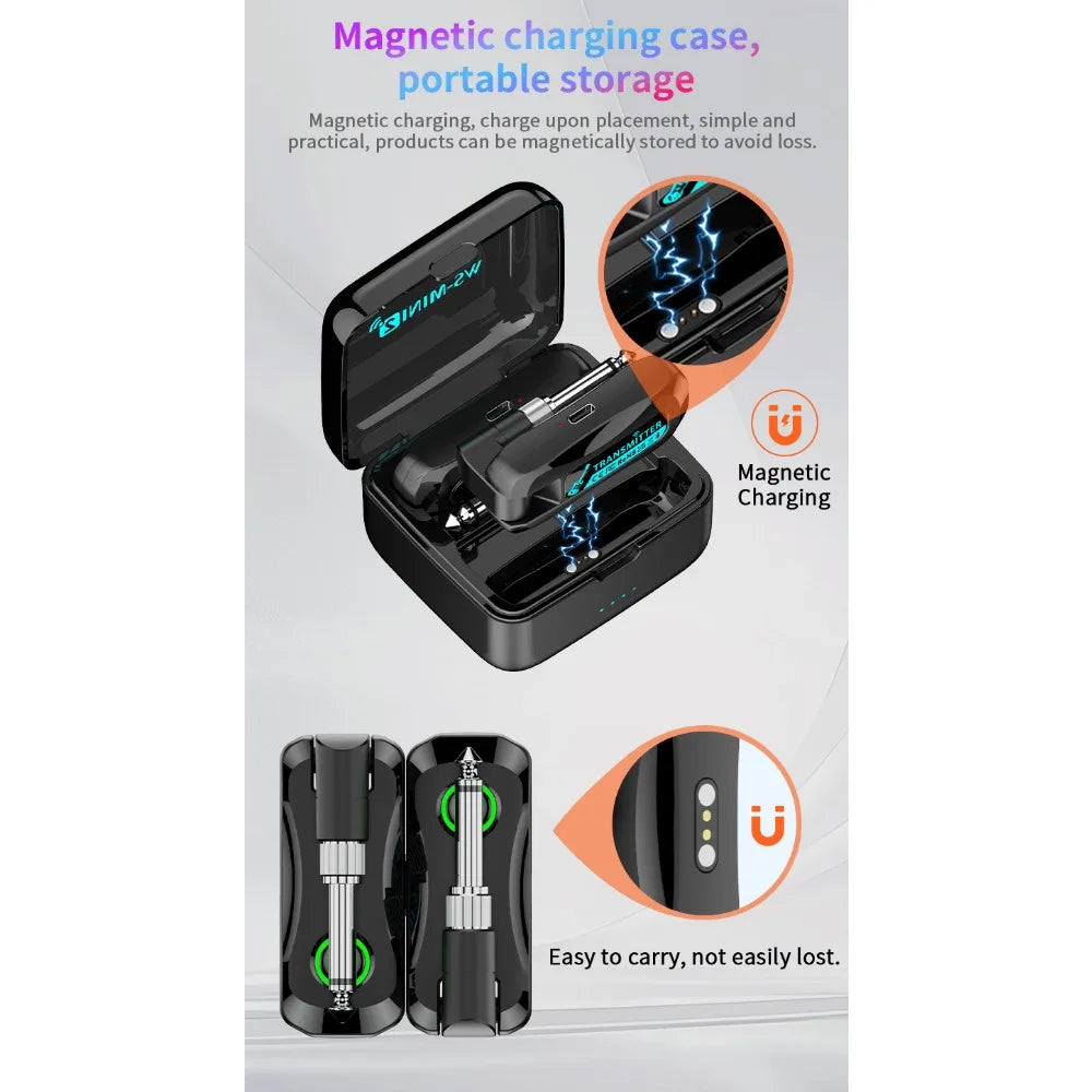 A magnetic charging case for a wireless guitar system, showing the product and its storage features.
