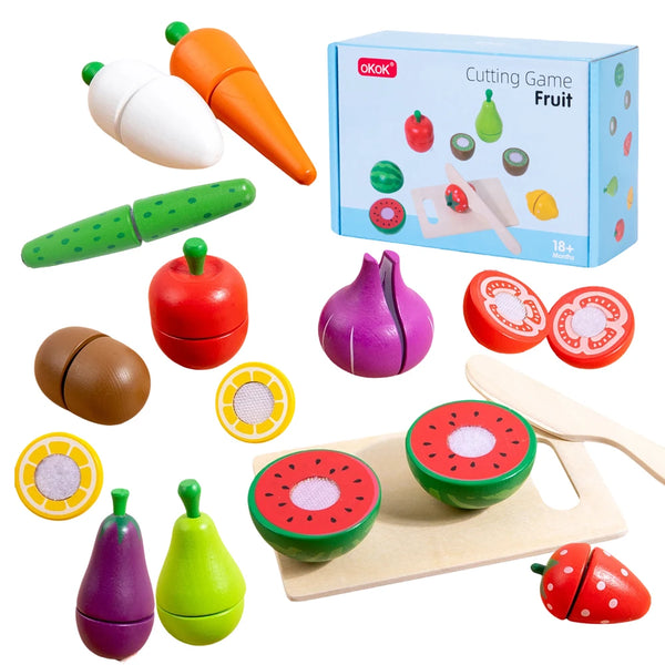 A set of wooden fruit and vegetable cutting game toys including various fruits like apples, pears, and carrots.