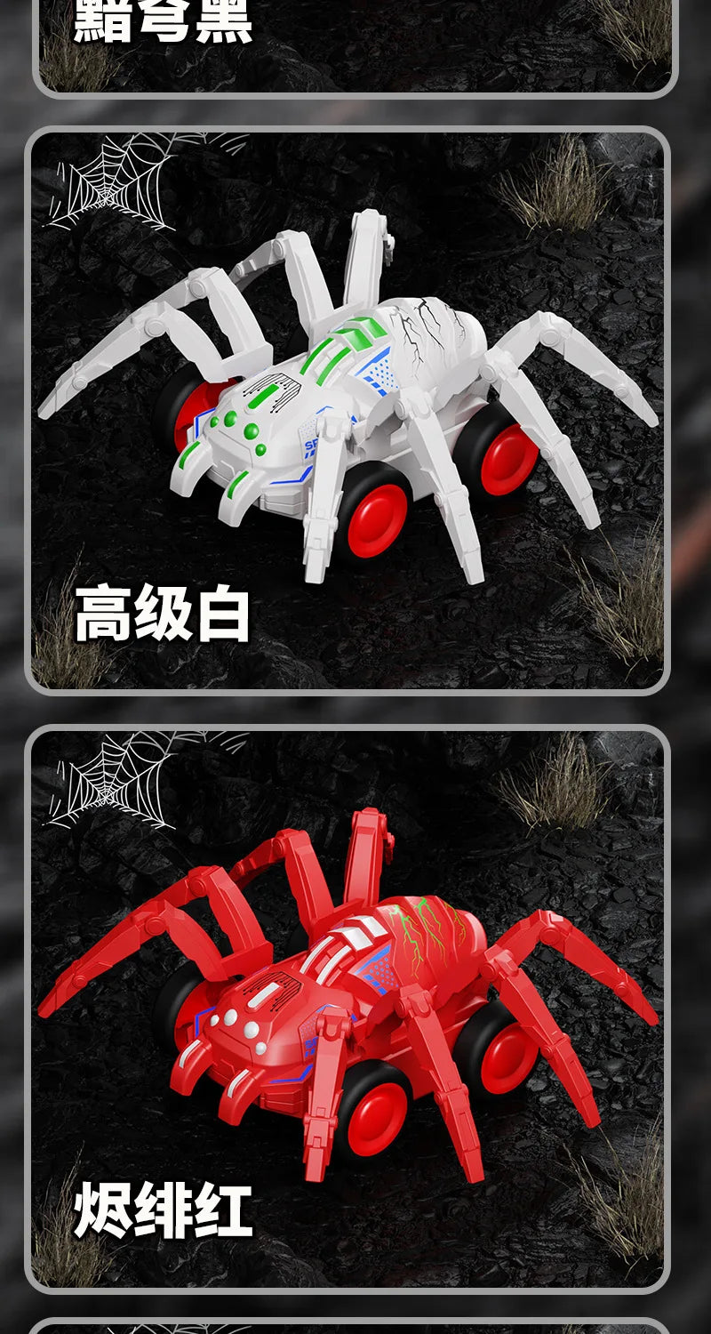 Three versions of an inertia-powered spider crawling toy car in black, white, and red colors.