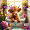 A detailed painting of a Highland calf in a white tub surrounded by colorful wildflowers.