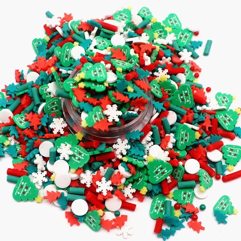 A pile of colorful polymer clay slices in various shapes and colors including red green white and blue
