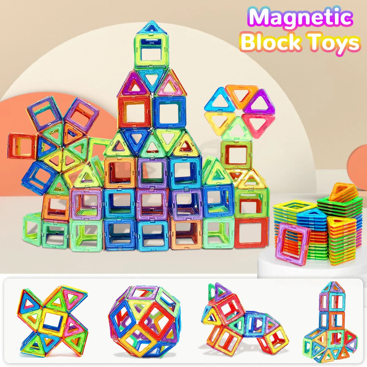 A collection of colorful magnetic block toys and geometric shapes used for construction and STEM learning.