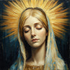 A painting of a woman with golden rays surrounding her head, depicted in soft tones and draped fabric.