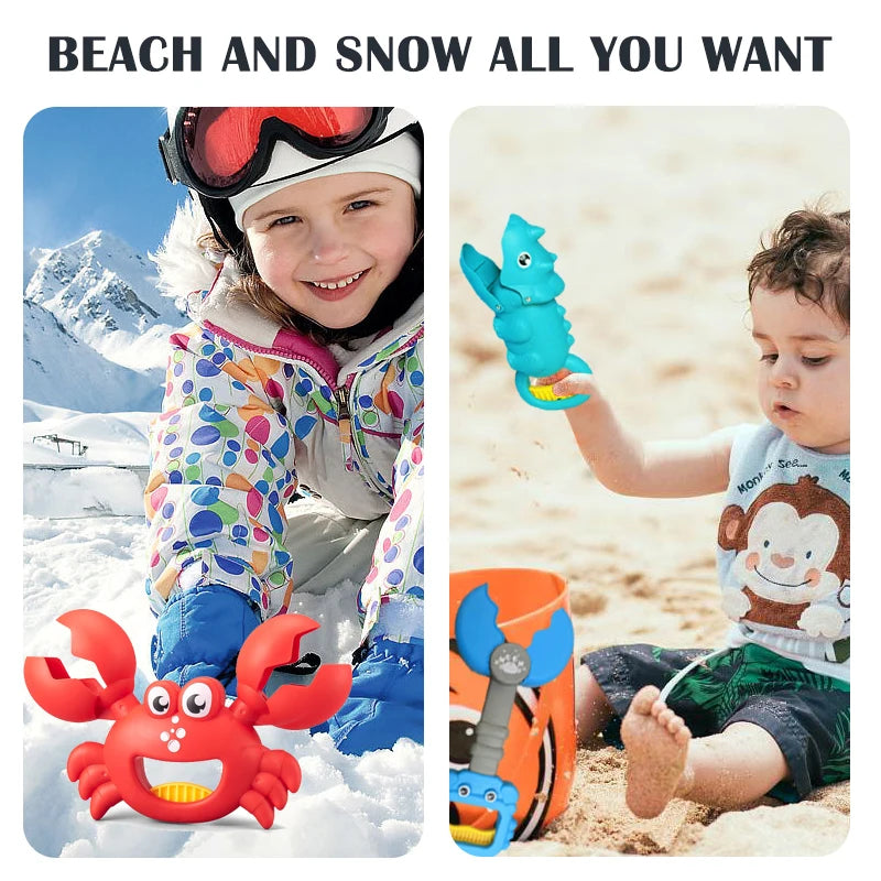A young child is playing with a red crab claw toy and a blue dinosaur digging tool on a sandy beach.