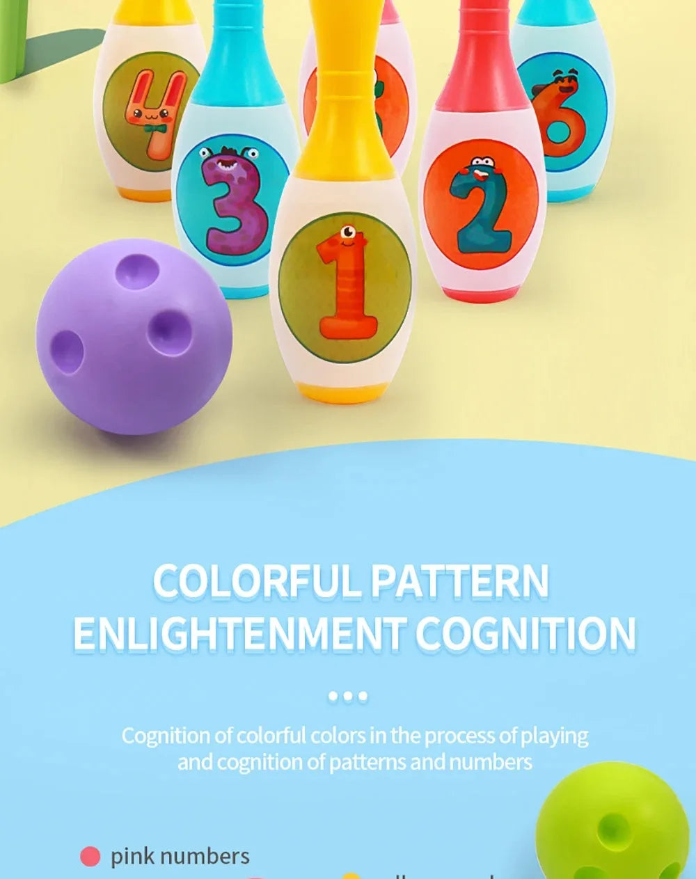 A colorful foam bowling set for kids featuring numbers and animal designs in various bright colors.