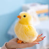 A hand holds an adorable yellow chick plush toy, a soft and cuddly chicken stuffed animal.